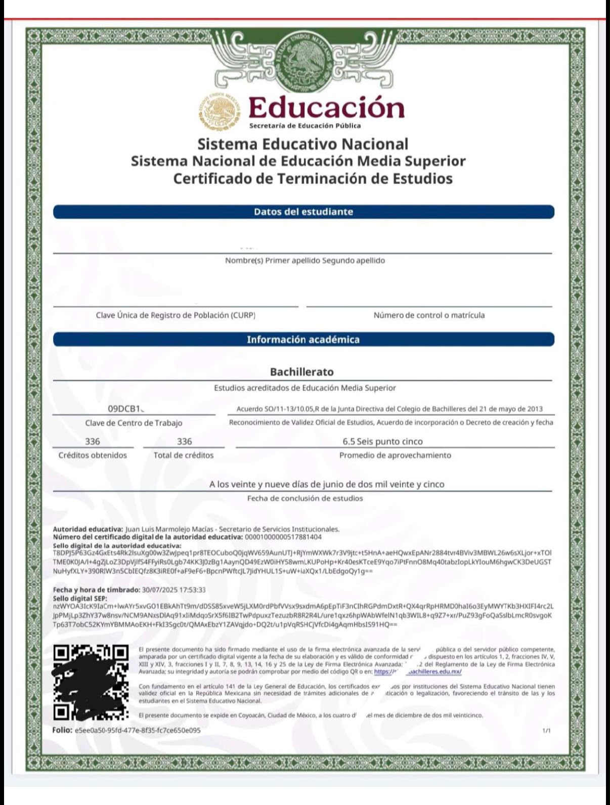 Ejemplo de certificado oficial de terminación de estudios
